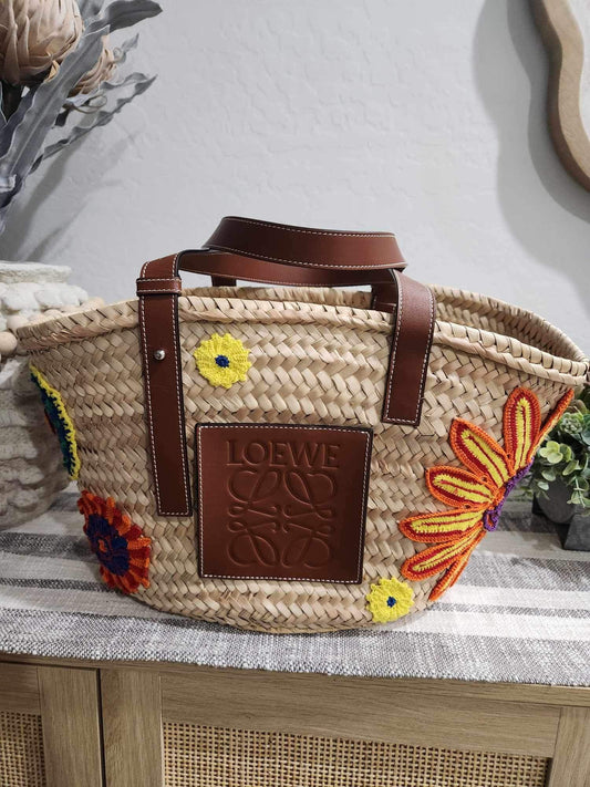 Loewe Raffia Floral Embroidered Medium Basket Bag