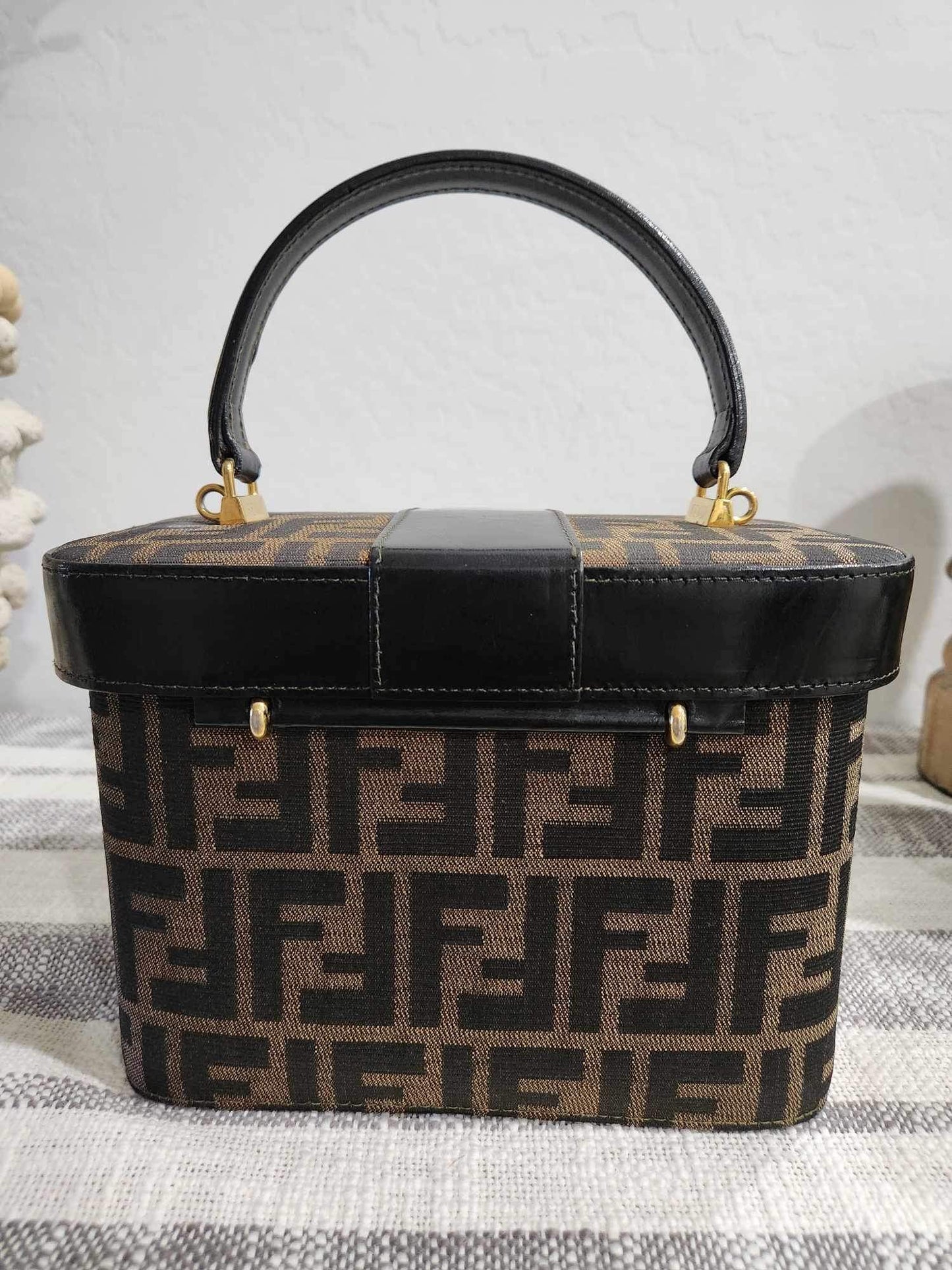 Vintage Fendi Zucca Canvas Leather 2 way vanity Bag