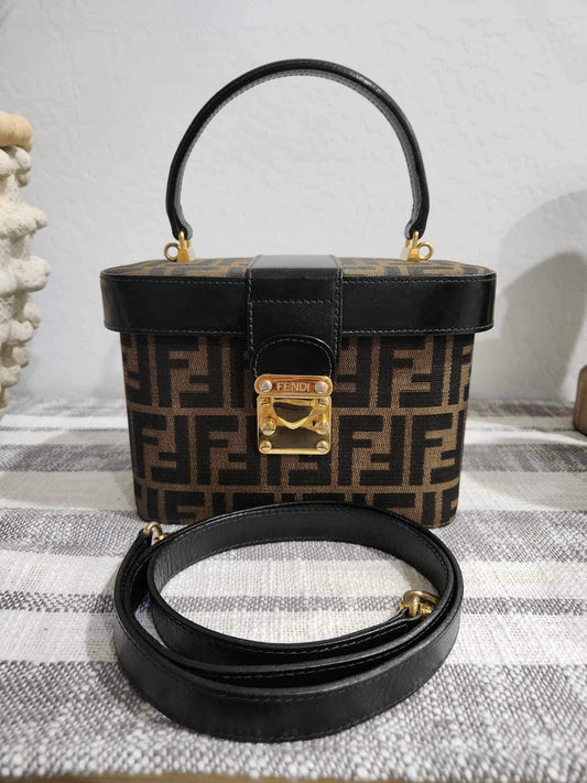 Vintage Fendi Zucca Canvas Leather 2 way vanity Bag